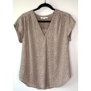 fun2fun Women's Taupe Geometric Print V-neck Cap Sleeve Blouse, Size M